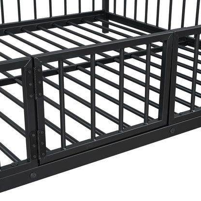 Bellemave Full Over Full Bunk Bed with Slide and Ladder, Metal Low Bunk Bed for Kids, Girls, Boys, Removable Fence, with Door, Black
