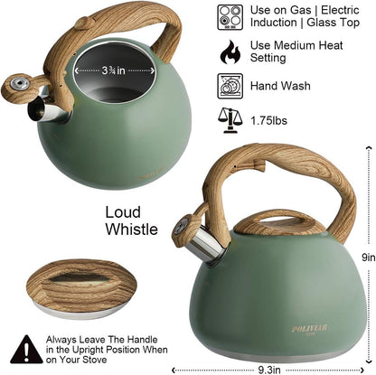 2.7 (JX2020-SB30) Poliviar Tea Kettle, Quart Seaweed Green Finish with Wood Pattern Handle Loud Whistle Food Grade