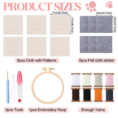 Vesici 6ps Cat Bum Punch Needle Kit, 6 Patterns Cat Butt Punch Coaster, Fun Woven Creative Coasters for Adult Beginners, Coasters Kit with Adhesive Felt, Yarns, Embroidery Hoop, Instruction