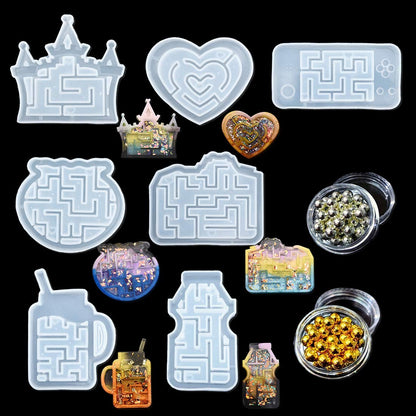 FineInno 7Pcs Resin Shaker Molds,Maze Silicone Casting Molds Sets,Epoxy Quicksand Mold,Jewelry Hollow Mold with 2 Box Bead