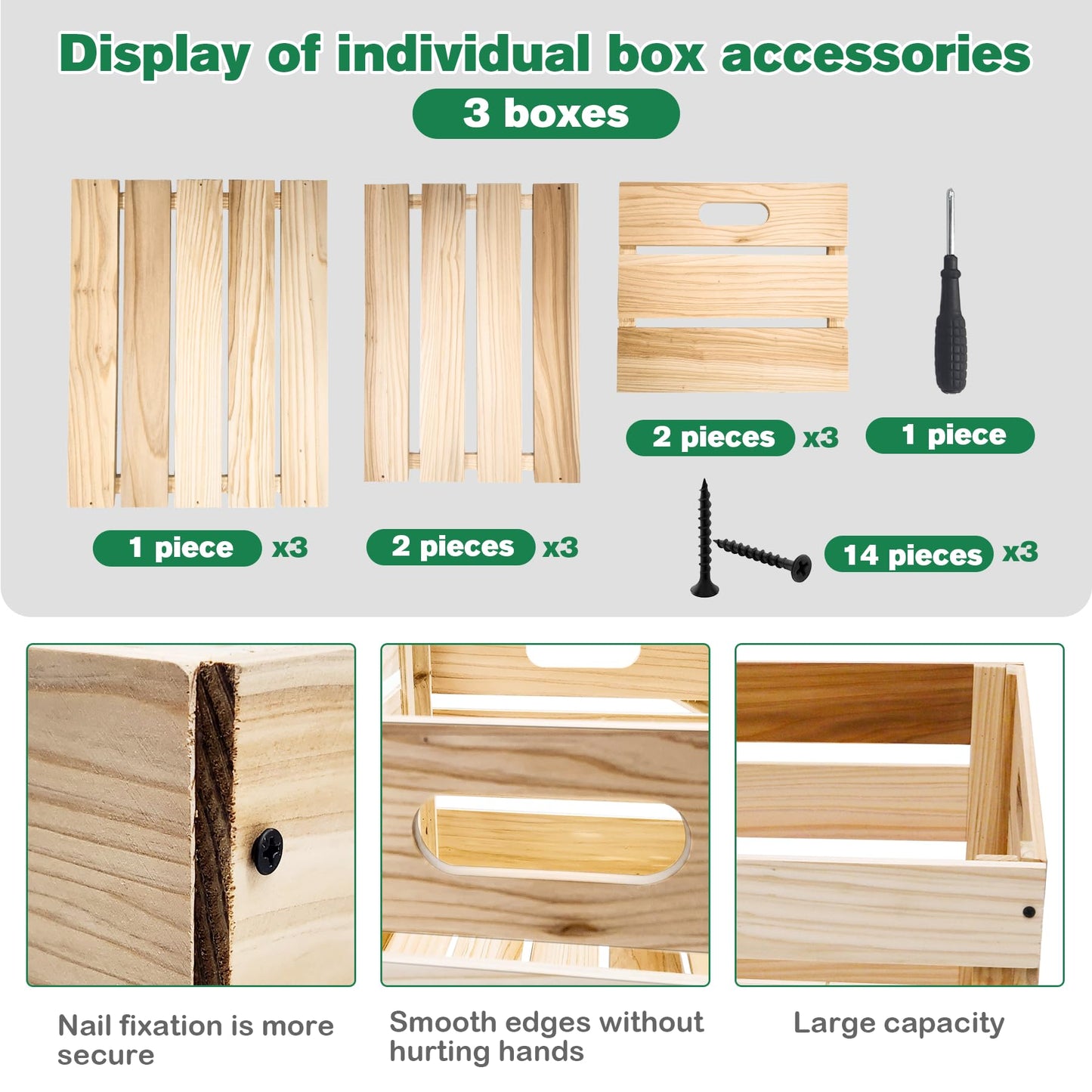 varrisin 3 Pcs Large Wood Crates Box for Deco Storage Nesting Wood Boxes with Handles Decorative for DIY Office Home Storage Art Craft (15.7x11.8x10.5in)
