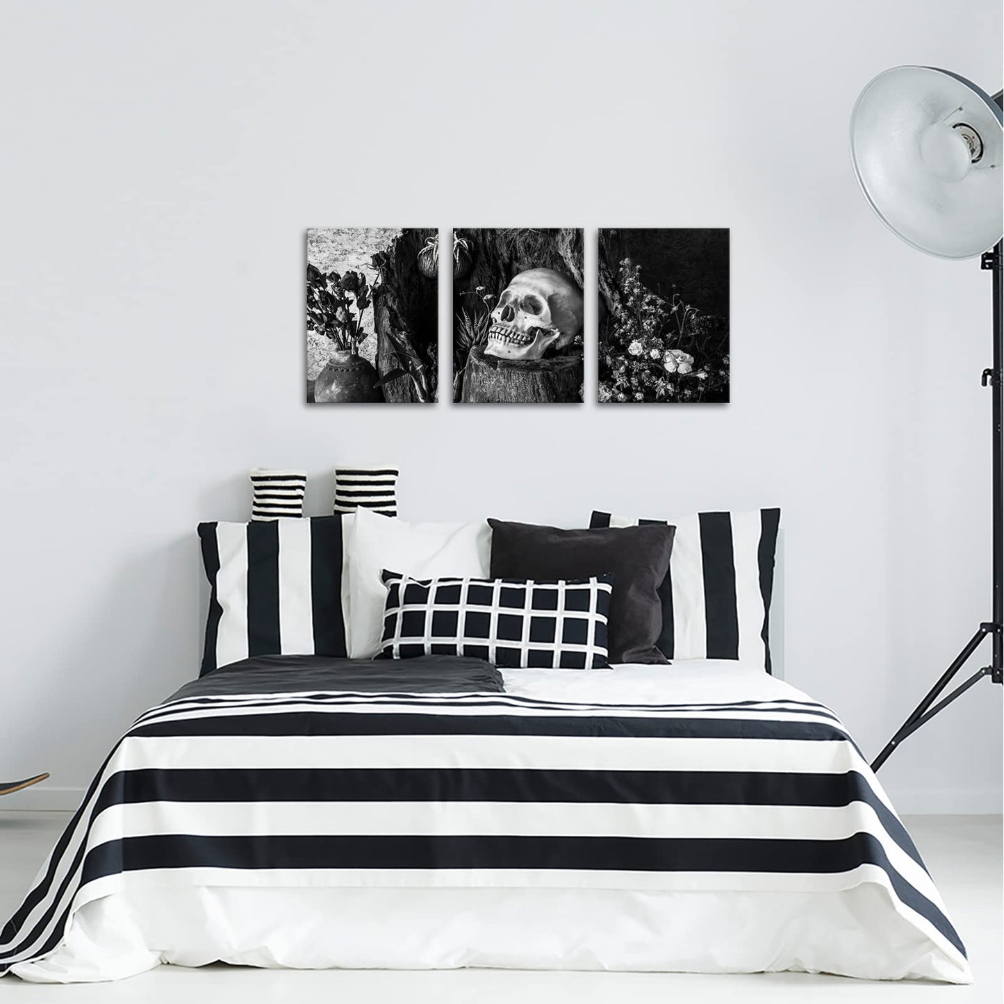 NutArtPic Skull Painting Day of the Dead Wall Art Black White Skull Flower Wall Picture Gothic Skeleton Canvas Gallery Wrapped (Black White, Small)