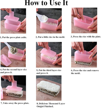 Musubi Maker Press, 2 Pack Rice Ball Mold, Rectangle Thousand Layer Sushi Maker Mold (Pink)