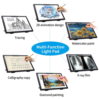 Rechargeable A4 Light Pad with Carry Bag & Stand,Ultra Thin Light Table with Clip,6 Levels of Brightness Light Box for tracing,Diamond Painting.led Light Board for Artists,Drawing,Sketching,Animation