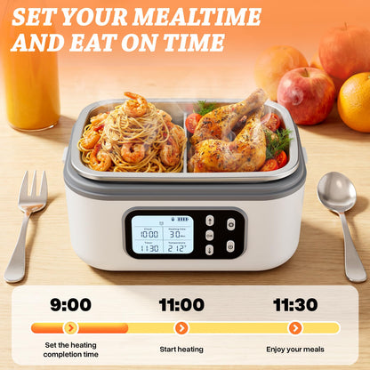 SOUOA Cordless Heated Electric Lunch Box for Adults with Automatic Heating, 100W Portable Food Warmer Battery Powered with Scheduled Heating, 6.3 Cup Food Heater for Men/Work/Office/Car/Truck (White)