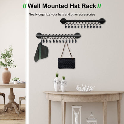 Lunies Hat Rack for Wall with 24 Hooks, Hat Organizer Holder for Baseball Caps, Cap Organizer Hanger, Hat Hanger for Closet, Black Hat Holder with Clips 2 Pack