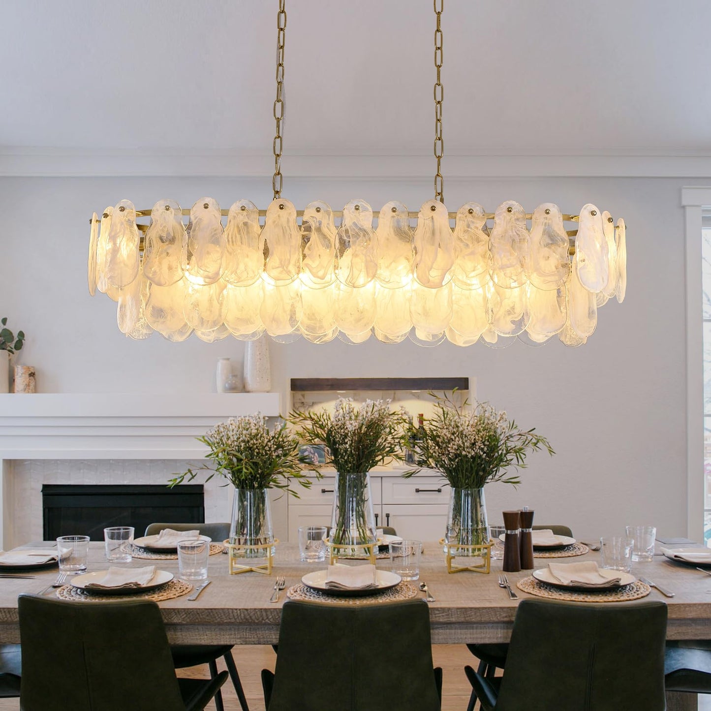 Giawosth Modern Rectangle Glass Chandelier, 43.31 Inch Gold Luxury Crystal Pendant Light, 12-Light Oval Cloud-Shaped Fixture for Island Lights Dining Room, Living Room, E12 Socket