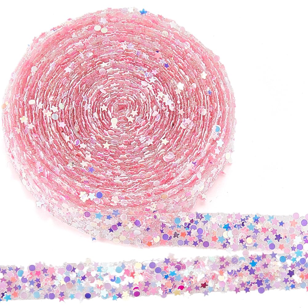 CABODYALS 5.47 Yards 15MM Pink Self Adhesive Rhinestone Ribbon Crystal Sequin Star Sticker Strips Bling Glitter Diamond Rhinestones Trim Tape Wrap Bulk Roll for Crafts Clothes Party Wedding Decoration