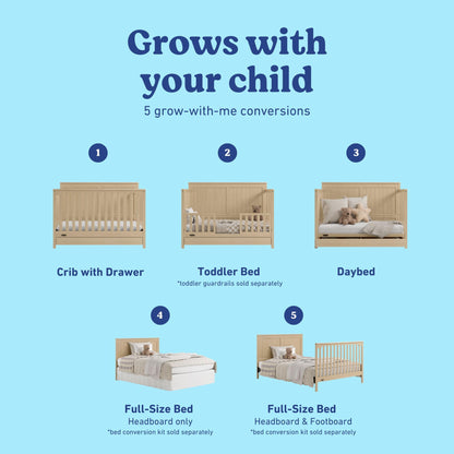 Graco Hadley 5-in-1 Convertible Crib with Drawer – GREENGUARD Gold Certified, Fits Standard Crib Mattress, Converts to Toddler Bed, Daybed and Full Bed, 4 Adjustable Mattress Heights (Driftwood)