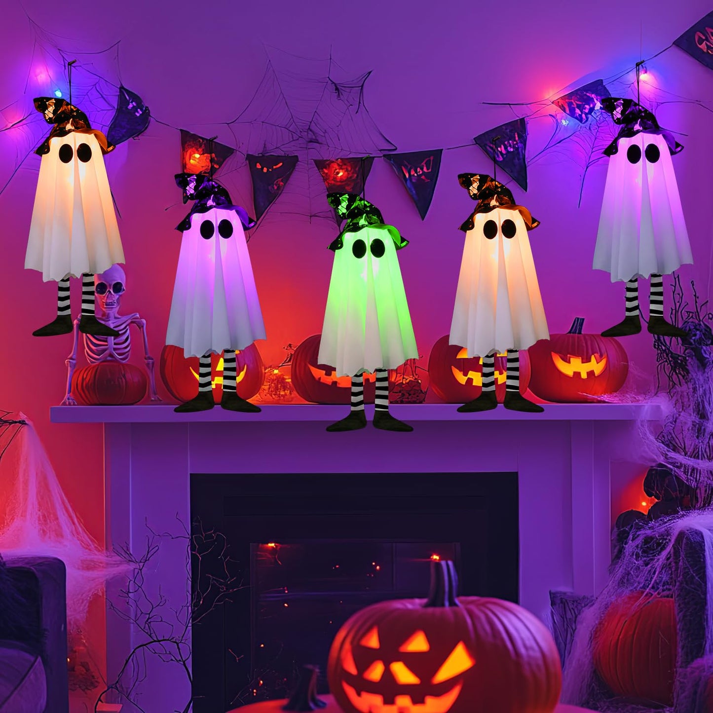 3 Pack Halloween Hanging Ghosts Halloween Decorations Outdoor, Lighted Glowing Ghost Witch Hat with Orange Purple Green Lights, Ghost Scary Outside Decor for Party Home Yard Tree Garden