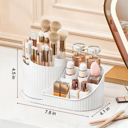 Anyoifax 360 Rotating Makeup Brush Holder Organizer with Divider 5 Slots Make Up Brushes Cup Flower-Shaped Spinning Pen Holder for Vanity, Cosmetics, Lipsticks, White