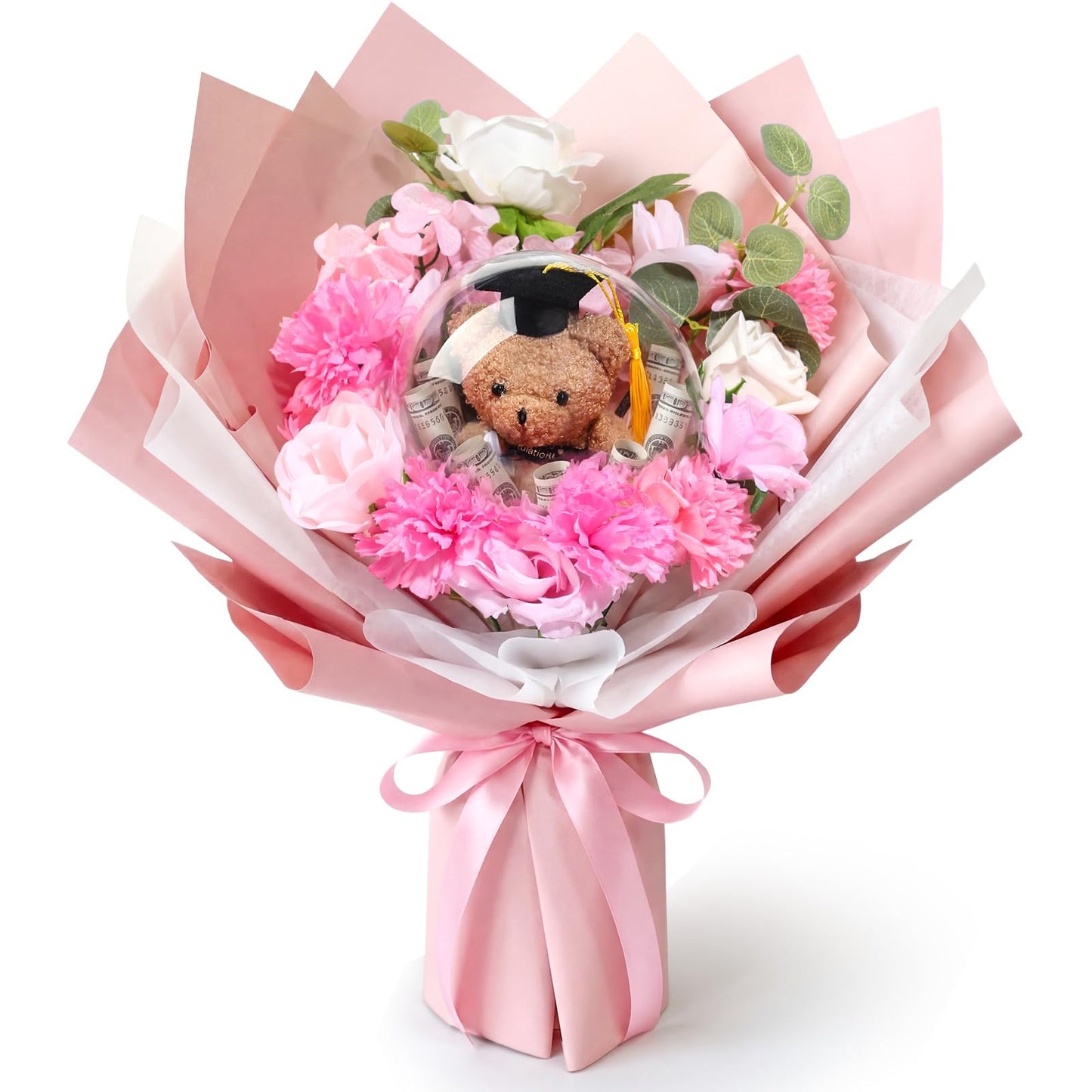 Soulchen Graduation Money Flower Bouquet Kit for DIY Handmade Graduations Balloon Bouquet Artificial Flower Gift for School, College Grad Ceremony for Her Him Grad Party Gifts Favors(Cute,Pink)