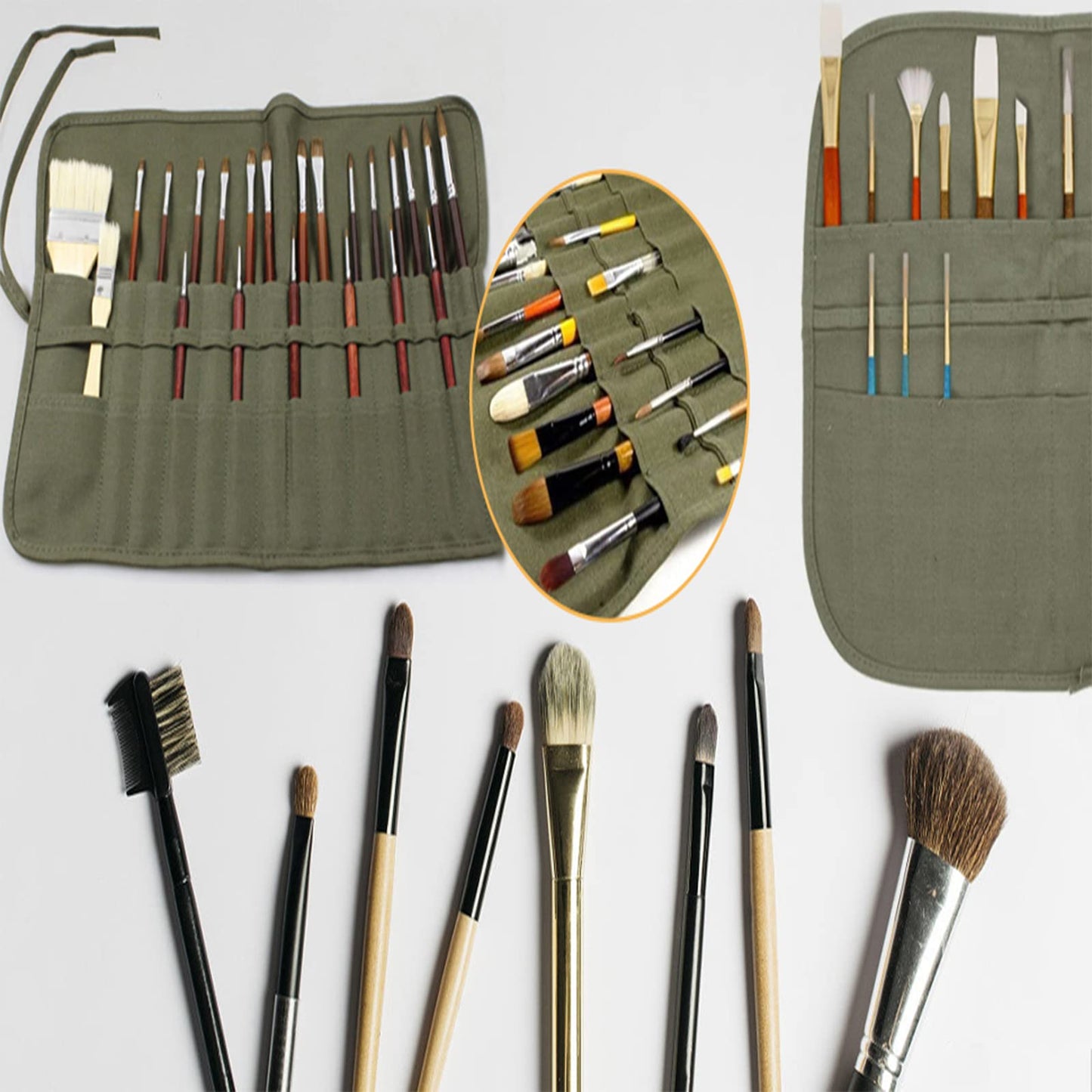 JTDEAL 2 sets Paint Brush Holder, 22 Slots Paint Brush Storage for Acrylic Oil Watercolor Gouache Artist Paint Brush Roll Canvas Pouch, Holds 100 brushes