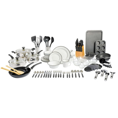 Gibson Home 74 Piece Kitchen in a Box Pots and Pans Cookware, Plates and Bowls Dinnerware, Cutlery Knife Block, Flatware Utensils, Tools & Gadgets, Storage, Glasses Set