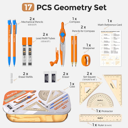 Nicpro 17 PCS Compass Geometry Set for Students, Drafting Tools Math Protractor Compass with Rulers, Mechanical Pencil, Square Set, Box of Protractors Kit for Class Supplies, Back to School Supplies