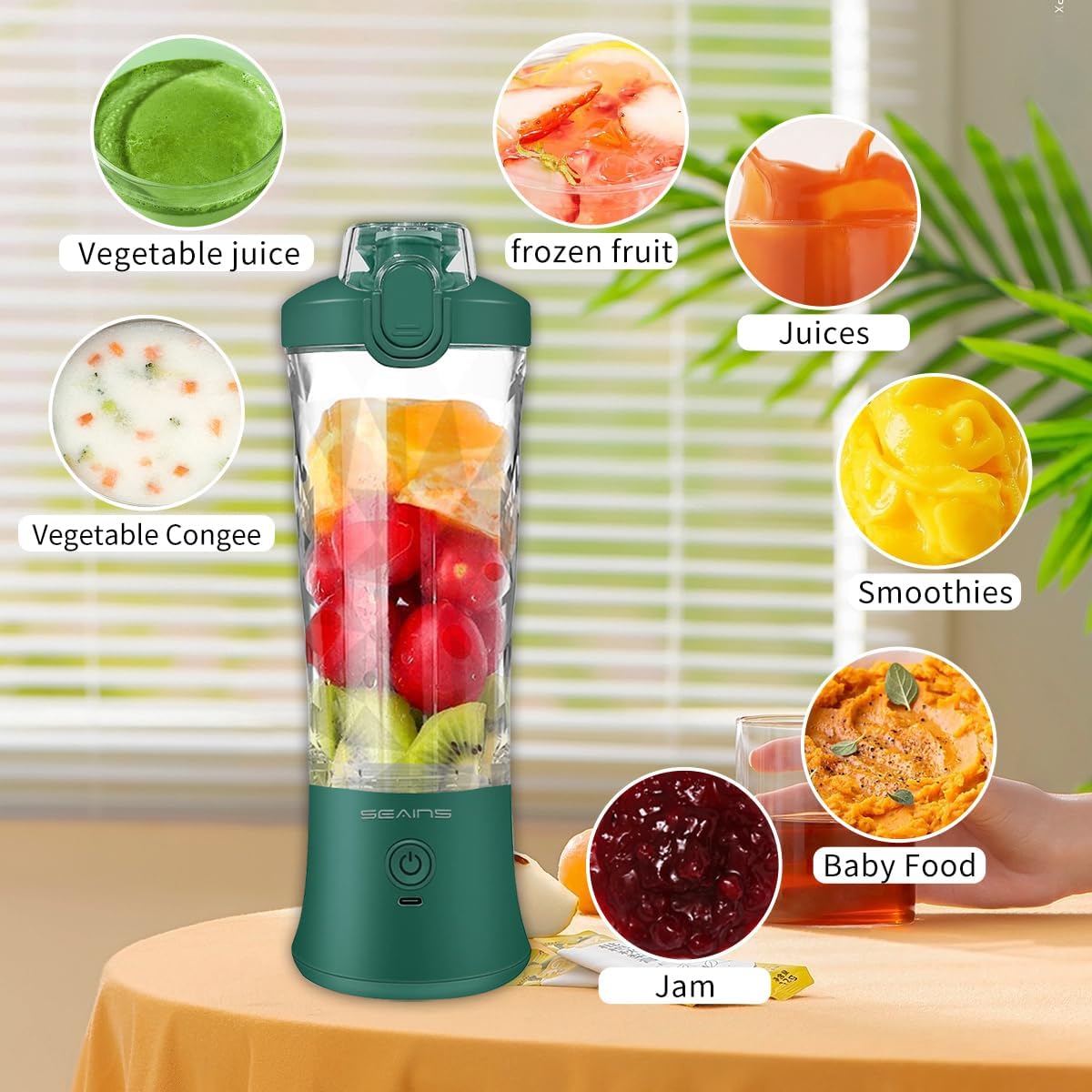 Portable Blender for Shakes and Smoothies - 20 Oz Travel Cup and Lid, Mini Personal Size Blender with 6 Blades