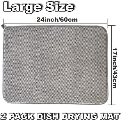 2Pack Large Dish Drying Mat for Kitchen Counter, 24 x 17 Inch Microfiber Absorbent Dish Drying Pad, Large Size Dishes