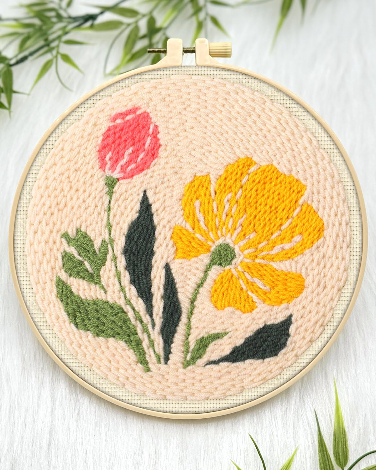 ERKOON Punch Needle Kit Adults Beginners, DIY Easy Floral Embroidery Set for Starter Art Craft, Needling Punch Project with Patterns, Tools, Yarns, Hoop, Instruction (Rhubarb Flowers)