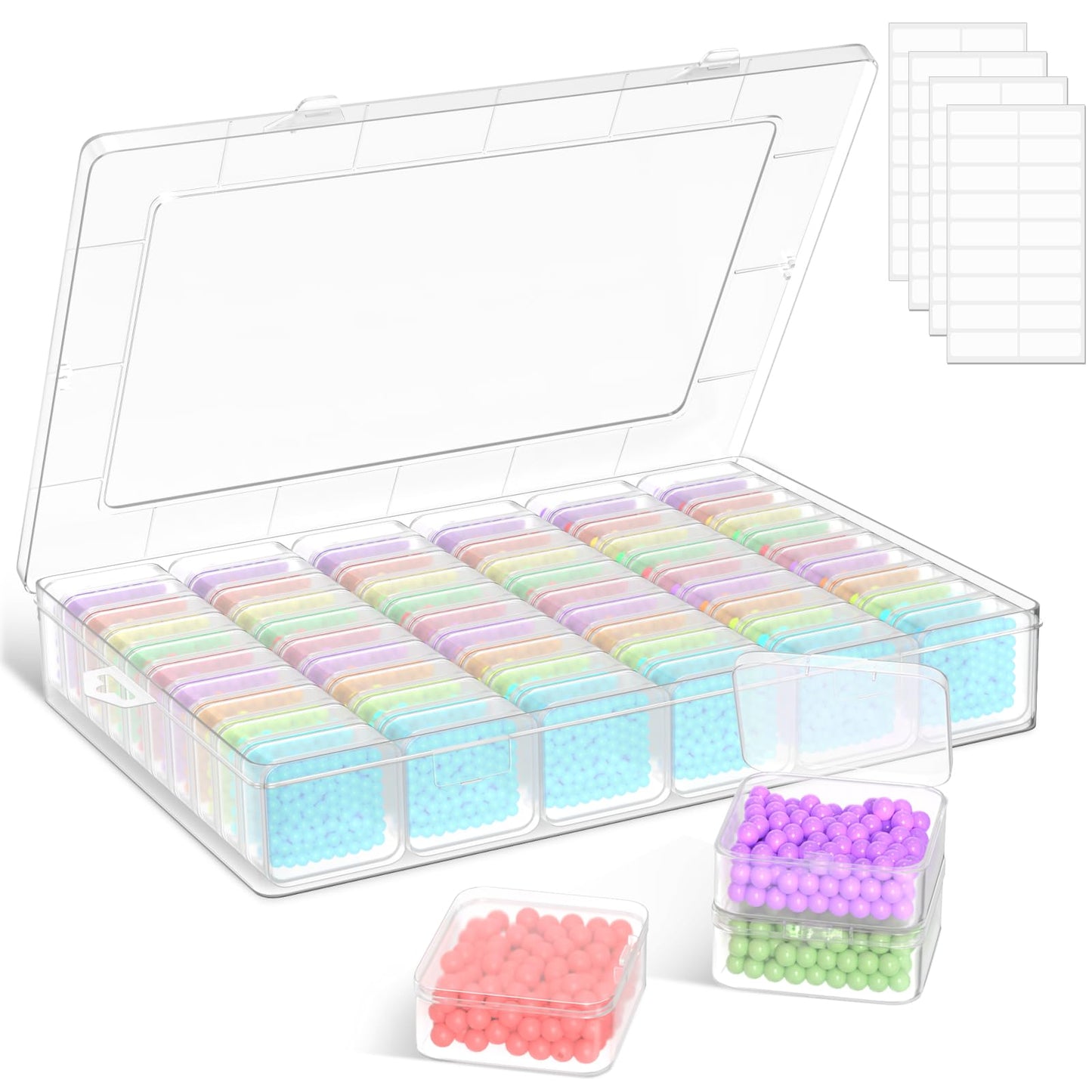 Mathtoxyz Extra Large Bead Organizer, 61 PCS Small Plastic Craft Storage Box with Hinged Lid and Labels Clear Bead Organizers and Storage Boxes for Jewelry, Diamonds, Bracelet Making DIY
