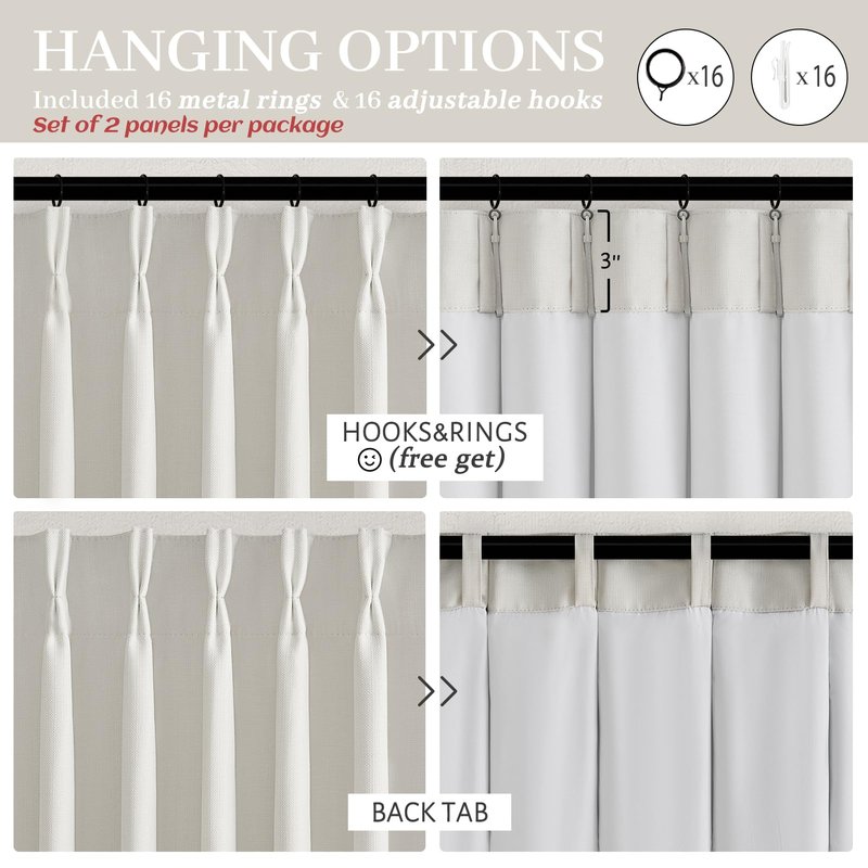 100% Blackout Linen 96 Inch Curtains 2 Panel Set for Bedroom, Modern Pinch Pleated Natural Linen Off Beige White Insulated Heavy Curtain 40 x 96 Inches Length Sliding Glass Door Room Darkening Drapes