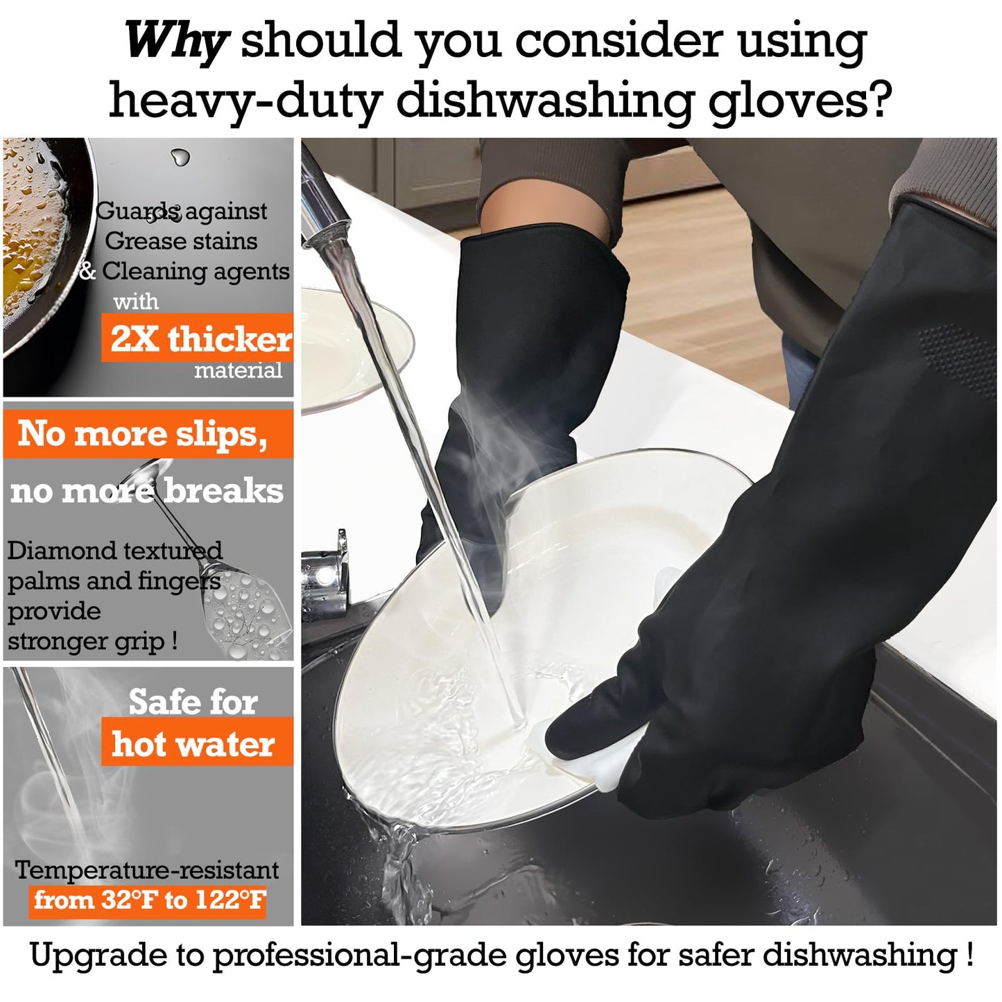 Exprosiflux Thick Rubber Cleaning Gloves - 3 Pairs Black Rubber Gloves for Dishwashing Large, Non-Slip Kitchen Gloves for Washing Dishes, Reusable Cleaning Gloves, Waterproof, Heavy-Duty (3P,L)