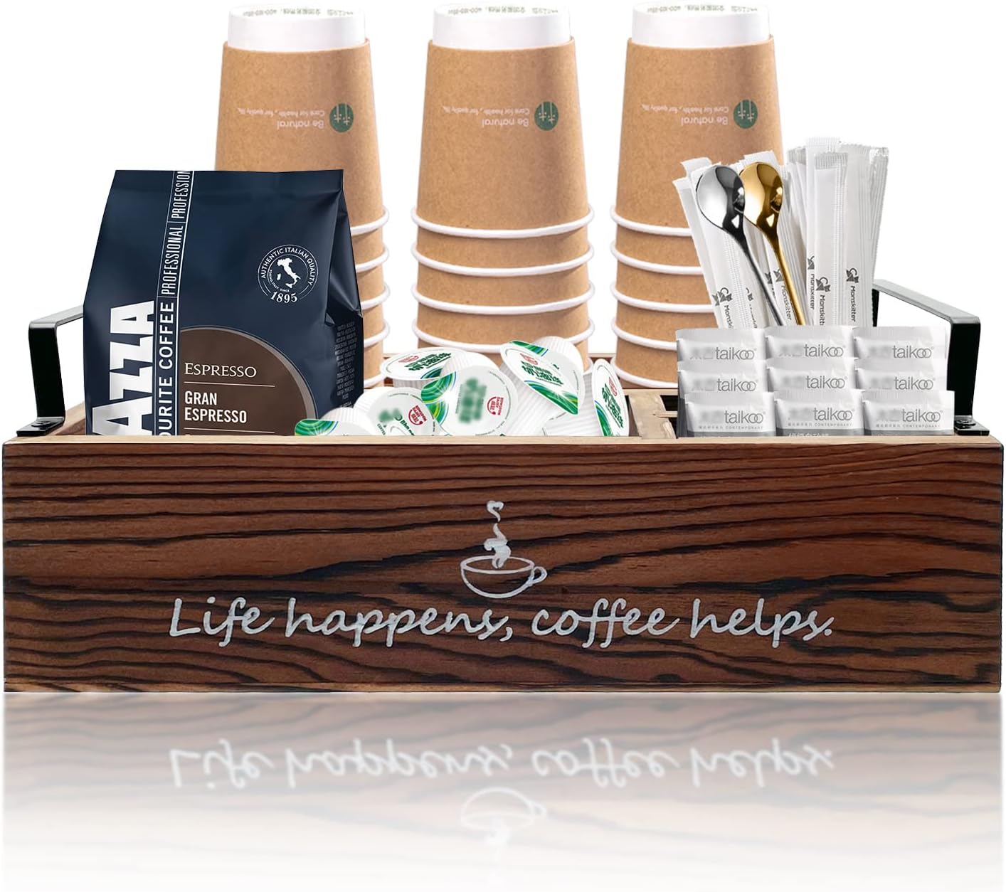 Farmhouse Coffee Station Organizer Basket for Countertop, Wooden Tray for Coffee Supplies, Sugar, Syrup, Tea (Brown)