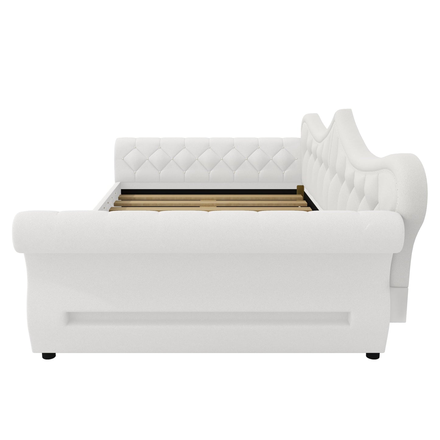 Merax Queen Size Upholstered Daybed with LED Lights & Nail Head Decoration,Convertible Sofa Bed with Tufted Diamond Upholstery,Rolled Armrests,No Box Spring Needed for Living Room,Beige