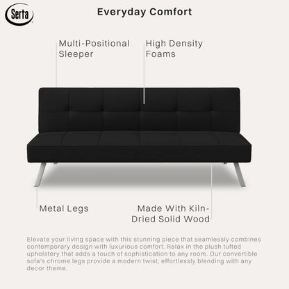 Serta® Rane Futon Sofa Bed 66.1", 3-in-1 Convertible Couch Sleeper for Small Spaces, Tufted Back, Twin Size Guest Bed, Black Woven Fabric