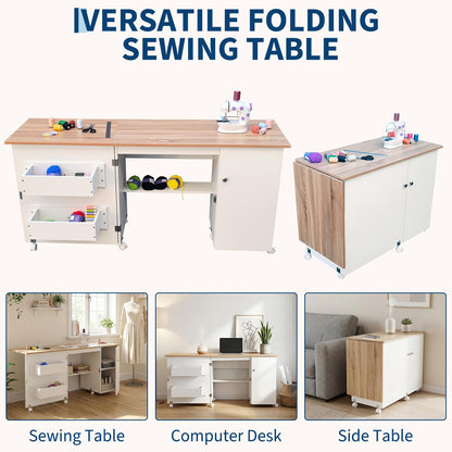 Large Folding Sewing Table, 63" x 19" x 29.5" Multipurpose Portable Craft Station & Side Desk with Compact Design, Caster Wheels, Storage Shelves, 2 Storage Trays, Magnetic Doors, White + Natural