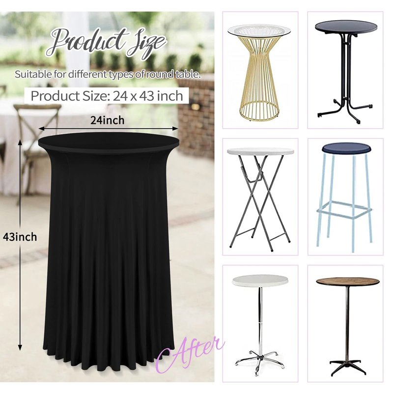 6 Packs 24"x 43" Round Cocktail Table Skirt, Spandex Fitted High Top Table Skirt, Spandex Stretch Cocktail Tablecloth for Wedding Party Bar Banquet Birthday Tables(Black)