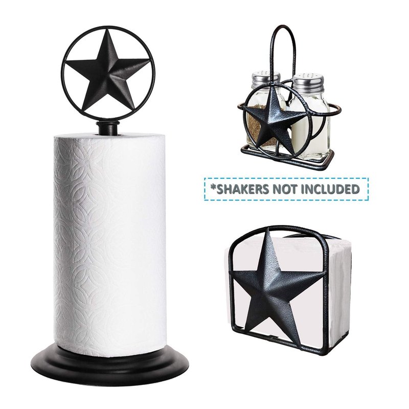 Black Rustic Texas Star Paper Towel Holder, Napkin Holder, Salt and Pepper Shakers Holder, Country Farmhouse Iron Kitchen Counter Accessory Set Holders (Paper Towel, Napkin, S&P Holder (3 Piece Set))