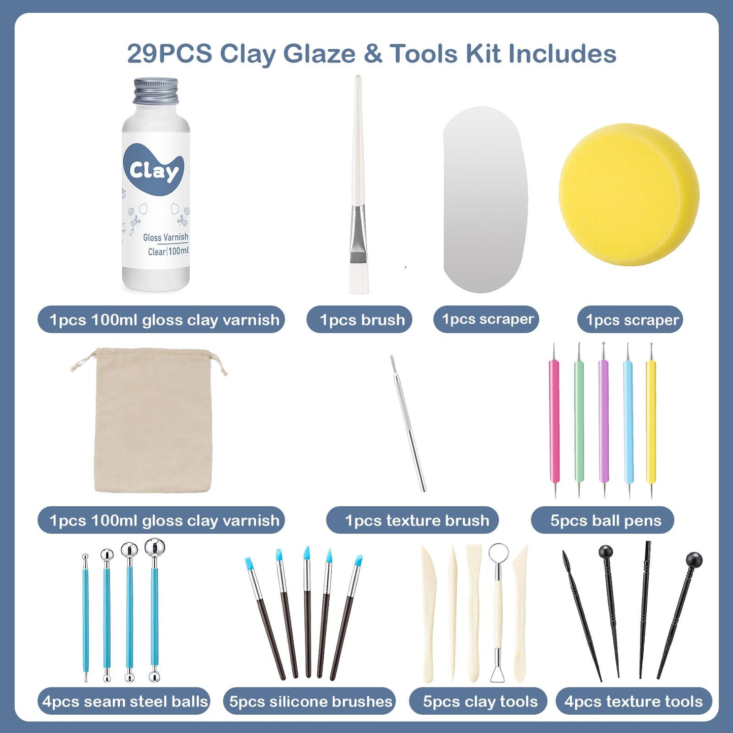 1DFAUL 29PCS Air Dry Clay Glaze with Sculpting Tools Kit, Clay Varnish Sealant for High Luster, Scratch Resistant, Waterproof, Pottery Tool kit for Sculpting, Modeling, Shaping (Gloss)