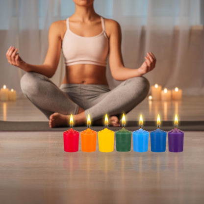 Mega Candles 7 pcs Unscented Chakra Votive Candles, Hand Poured Premium Wax Candle 15 Hours 1.5 Inch x 2.25 Inch, 100% Cotton Wick, Positive Healing Energy, Meditation, Relaxation, Reiki, Yoga