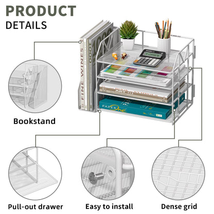 handimp 4-Tier Paper File Organizer with Drawer, Metal Desk Organizer, Tiered Paper Tray for Letter/A4 Files, Desktop Office Supplies Storage Rack, White