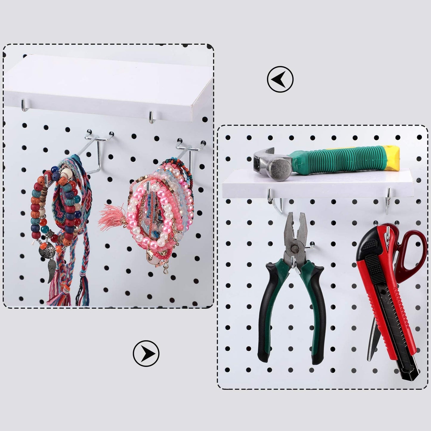 Hotop Pegboard Shelf Hooks Metal Pegboard Shelf Brackets Kit 1/8, 3/16 Peg Board Organizer Accessories Shelves and Baskets Brackets Storage Rack for Art Craft Room, Kitchen, Office(8 Pieces,6 Inch)