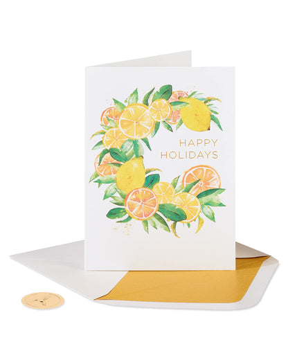 Papyrus Boxed Christmas Cards with Envelopes, Wishes of the Season, Citrus Wreath (14-Count)