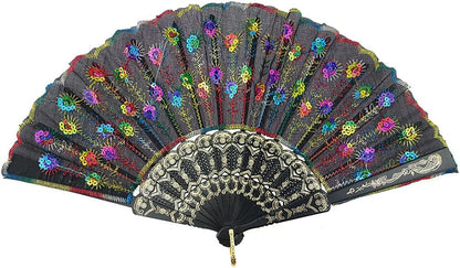 INNOLIFE Elegant Colorful Embroidered Flower Peacock Pattern Hand Fan - Hand-Crafted Folding Fabric, Full Set of 6pcs