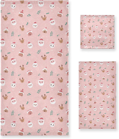 Set 3 Sets Pfrewn Christmas Winter Towels of Christmas Symbol with Pink Bathroom Towel Soft Absorbent Bath Hand Towels