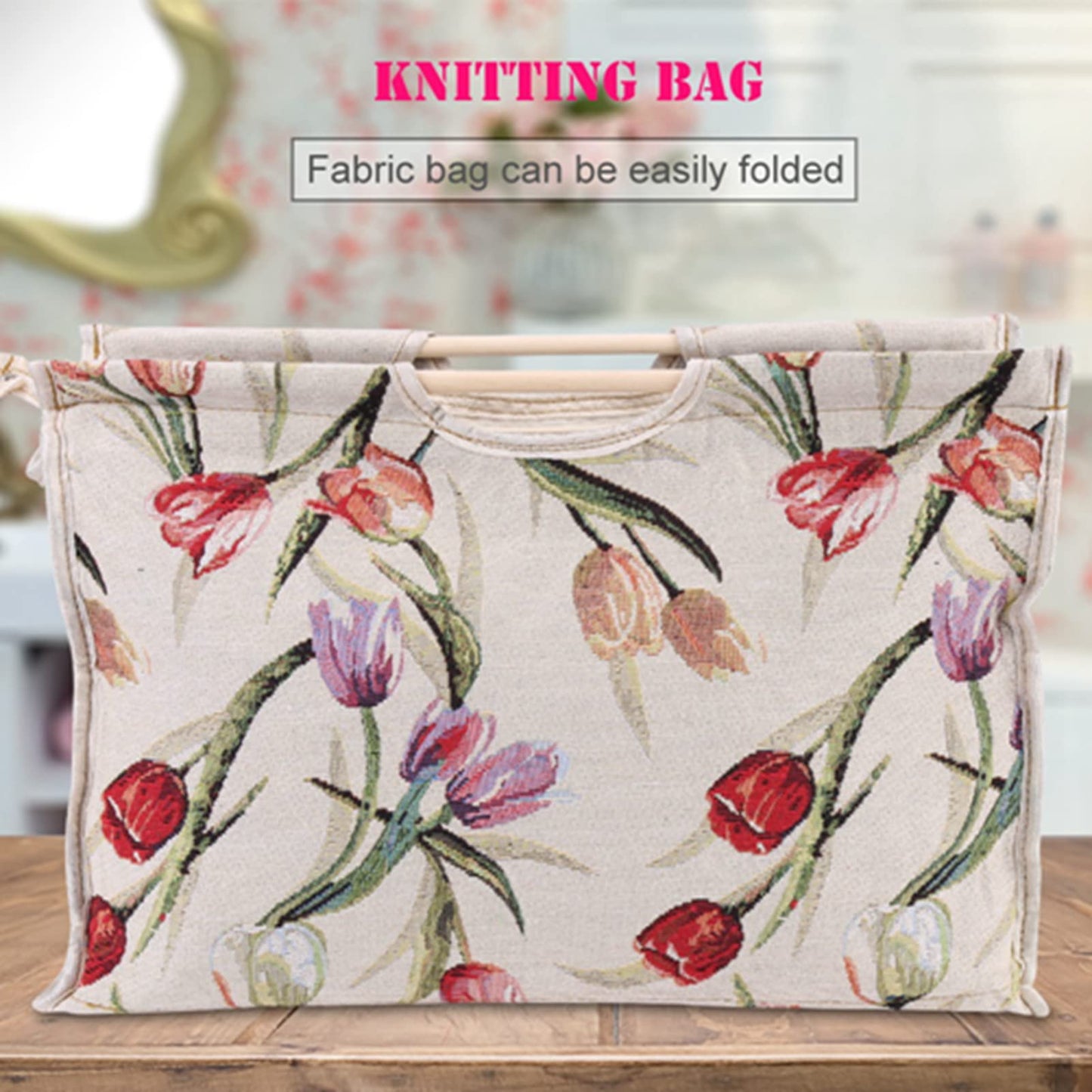 Luatoxry Knitting Bag, 16.5x11.8x4.3in Crochet Project Bag, Foldable Knitting Tote with Wood Handle, Multipurpose Yarn Tote Project Organizer with Zipper for Yarn, Crochet Supplies