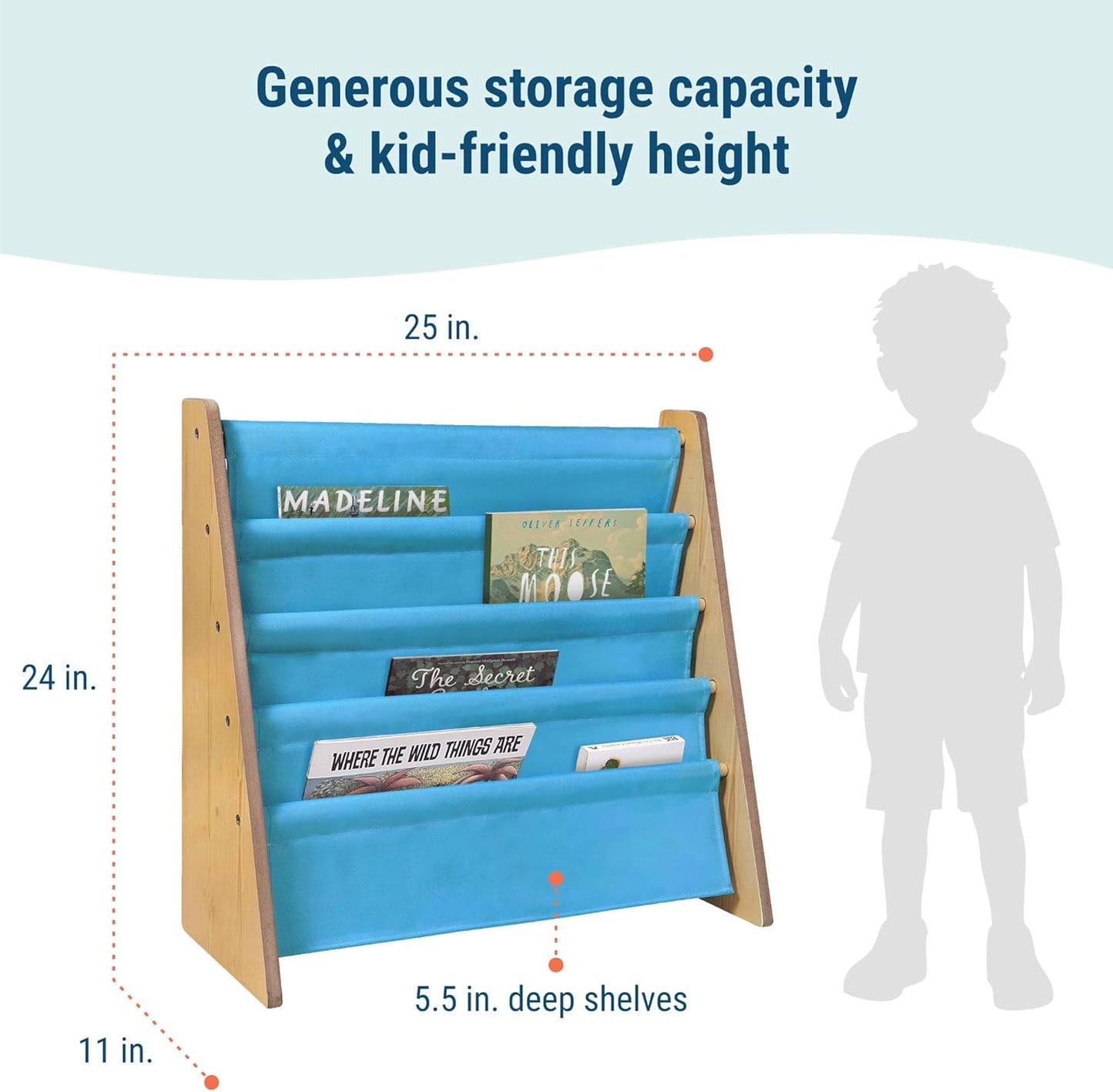 4 Wildkin Wooden Sling Bookshelf for Kids Premium Canvas Design with Fabric Shelves, Organizer for Home or Classroom