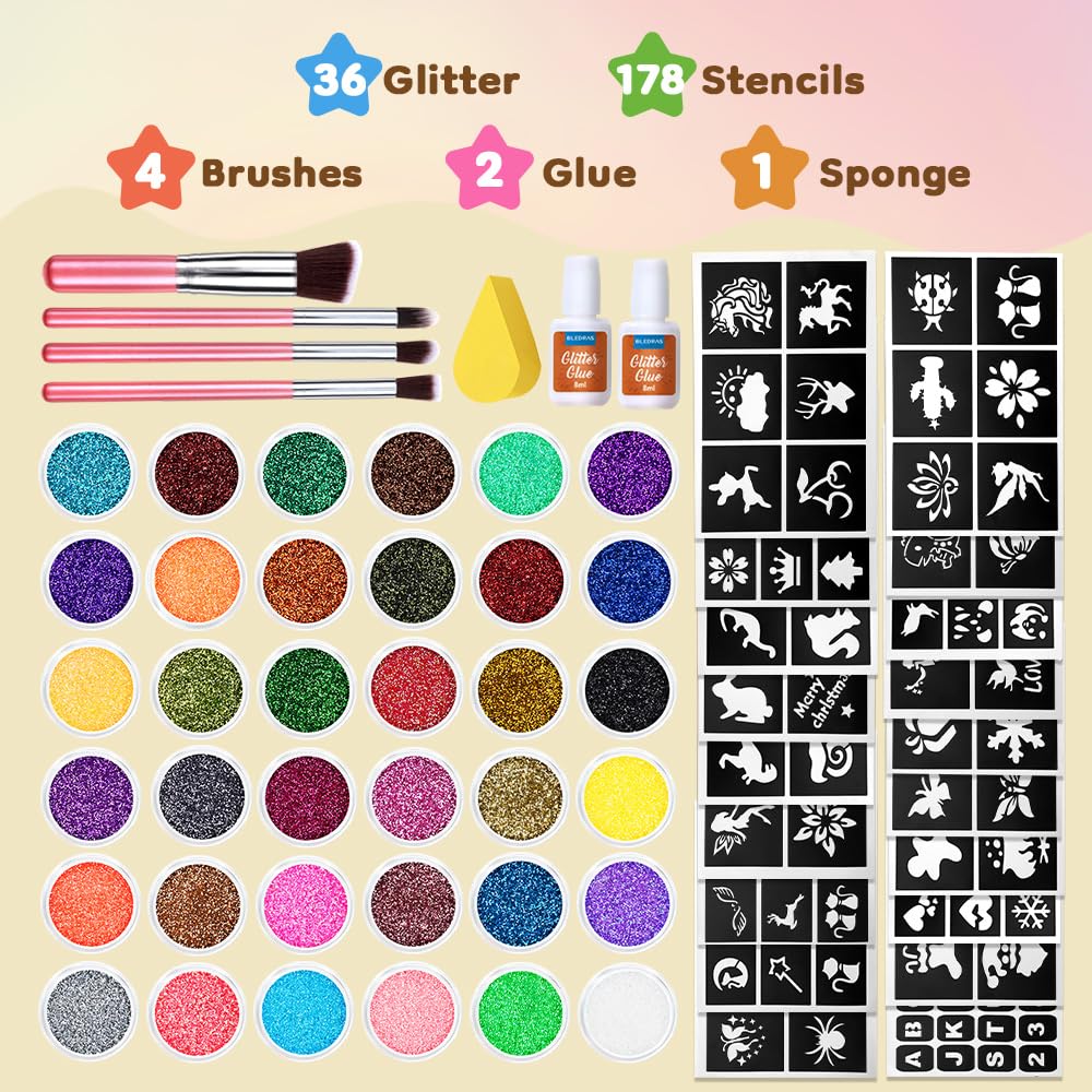 Glitter Tattoo Set, Bledras 36 Colors Kids Tattoo Set, 178 Stencils, 5 Brushes, 2 Glue, Flash Tattoo Kit for Girls, Boys and Adults, Carnival Festival, Cosplay Parties, Games (Orange)