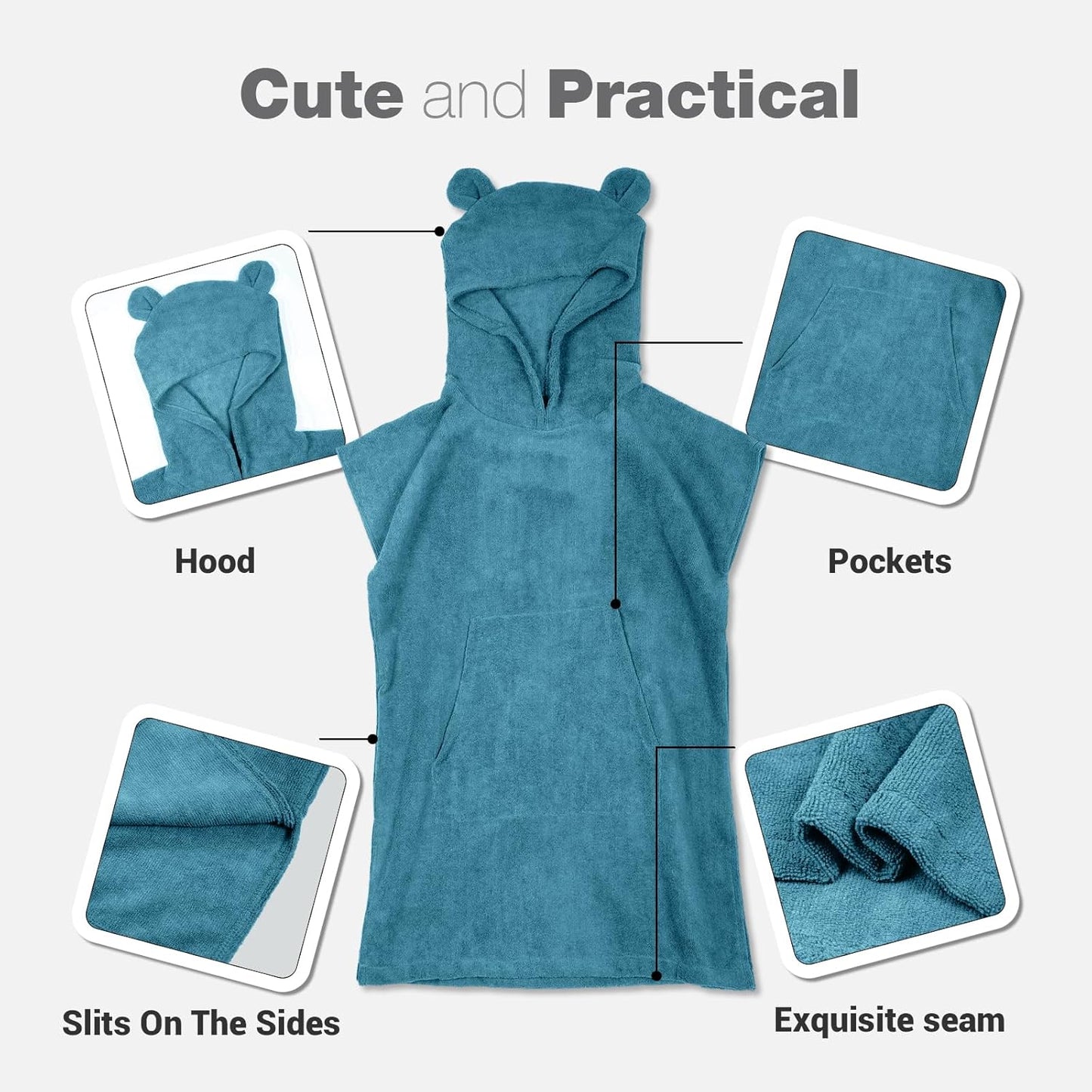 MissShorthair Towel Poncho for Kids, Hooded Beach Towel for Girl&Boy, Surf Poncho Swim Changing Robe Microfiber Bath