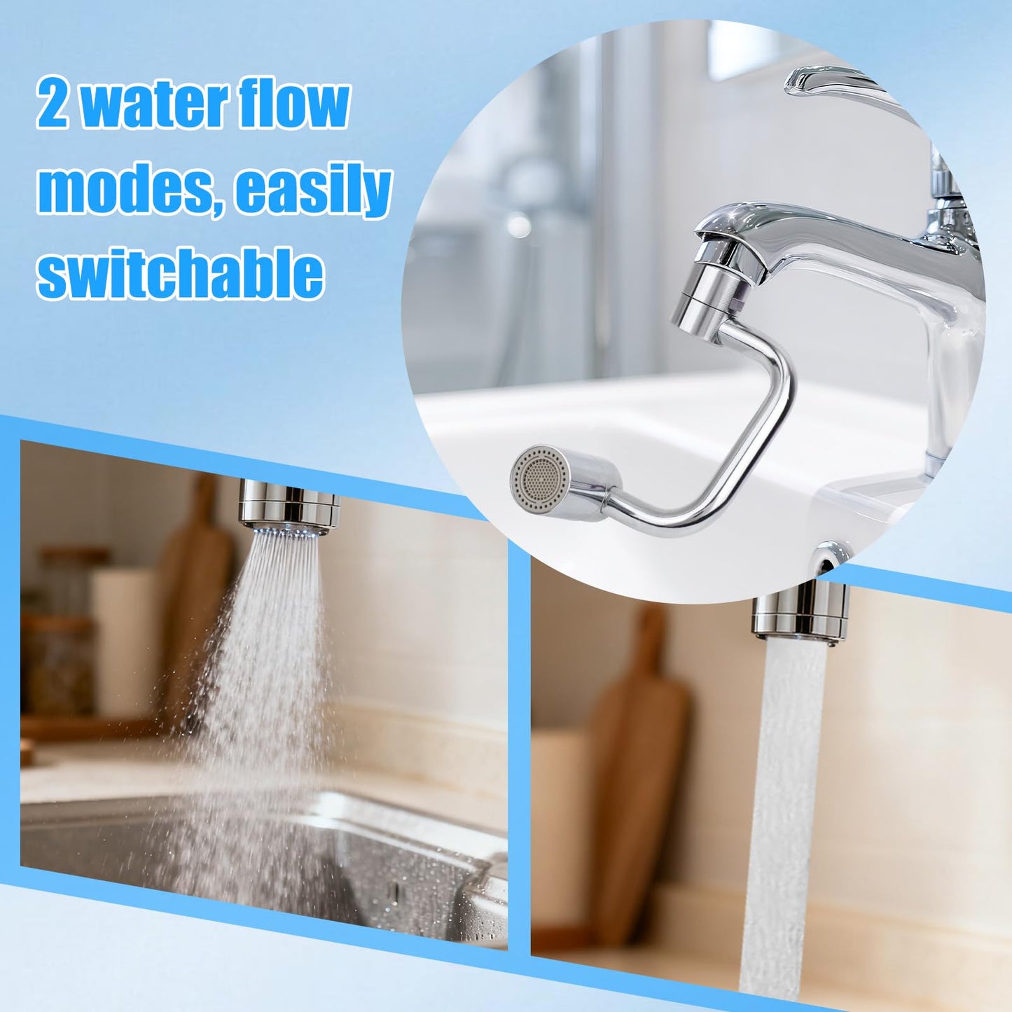Rotatable Sink Faucet Aerator Extension, Universal Rotating U-Shaped Faucet Extender with Washers 2 Modes Adjustable Flexiflow 1080° Rotating Tap Spray Head Adapter for Kitchen & Bathroom Upgrade