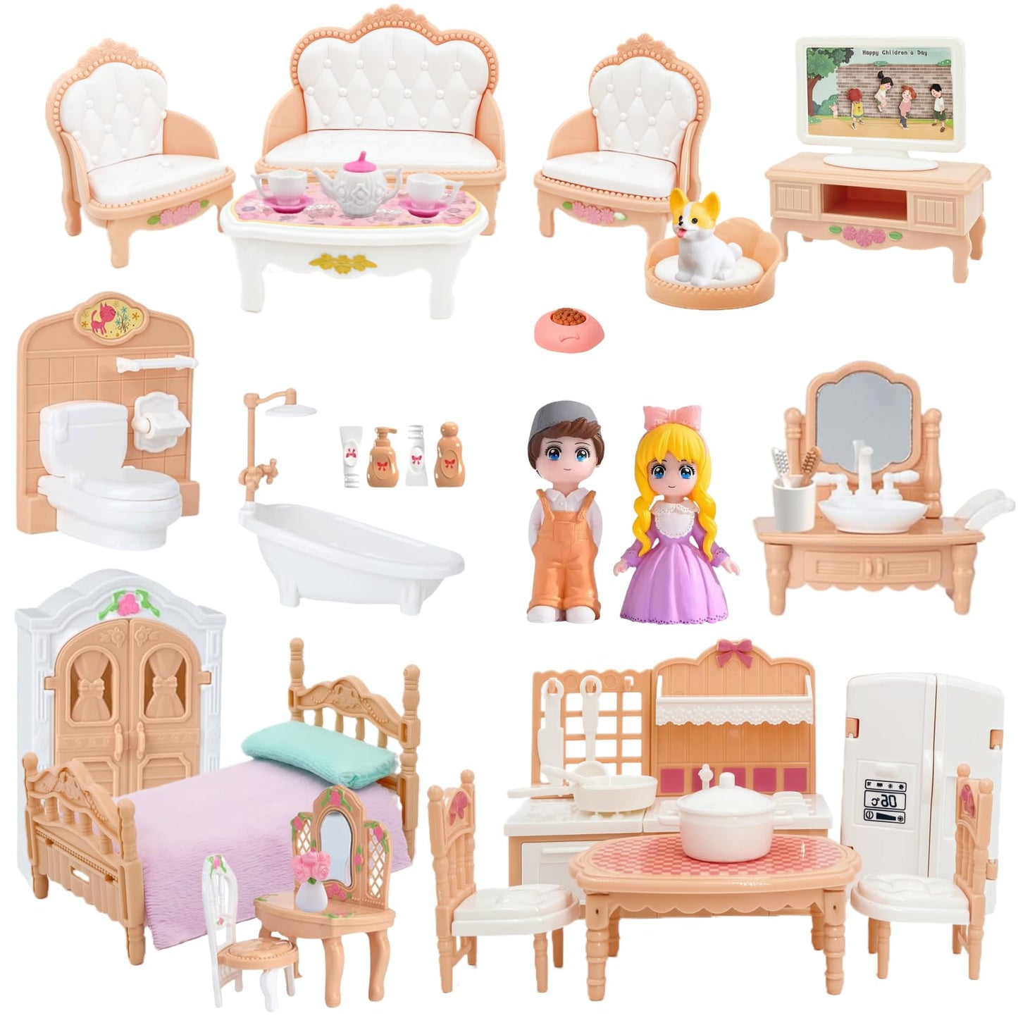 Princess Dollhouse Furniture Set, 48 Piece Luxury Miniature Accessories Collection with Living Room, Bathroom, Bedroom，Kitchen, TV Entertainment Set (Beige)