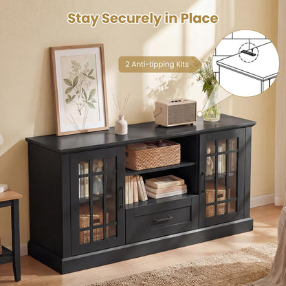 Giantex Farmhouse TV Stand for 65/70 Inch TV, Tall Entertainment Center with Storage Cabinets, Glass Doors, Drawer, Removable Shelves, Media TV Console Table for Living Room, Bedroom (Black)