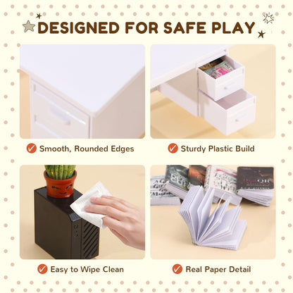 1:12 Scale Mini Desk Set with 100 Mini Books & 2 Bookshelves — Miniature Dollhouse Furniture Set with Office Chair, Computer & 15+ Accessories — Mini Desk Accessories for Doll House Diorama