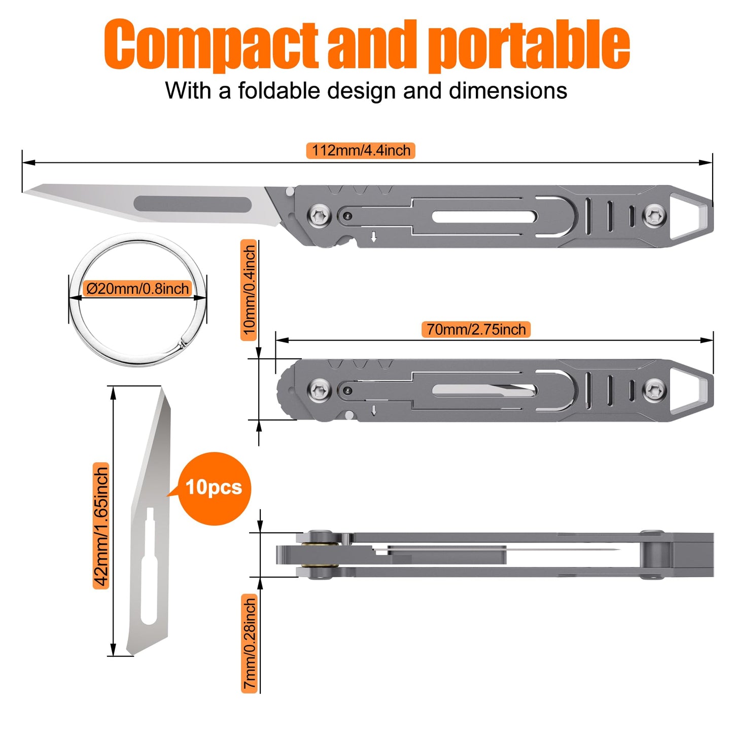 Folding Scalpel Knife-Small Keychain Knife Compact EDC Tool with 11 Replaceable Scalpel Blades-Stainless Steel Pocket Cutter for Packages,Boxes,Ropes&Crafts