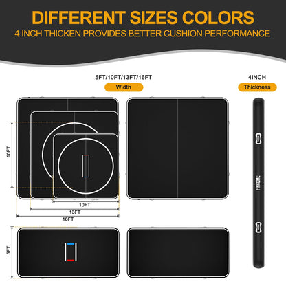 FINCOME Inflatable Wrestling Mat 16ft/13ft/10ft, 4" Thick Foldable Jiu Jitsu Mats Wrestling Mats for Home Outdoor Indoor, Waterproof PVC Mat for Gymnastics, BJJ, MMA, Grappling, Judo, Boxing