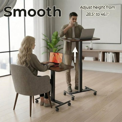 HUANUO Small Rolling Laptop Standing Desk, Height Adjustable Mobile T-Base Desk with Lockable Casters, Portable Sit-Stand Workstation for Bedside & Sofa, Walnut