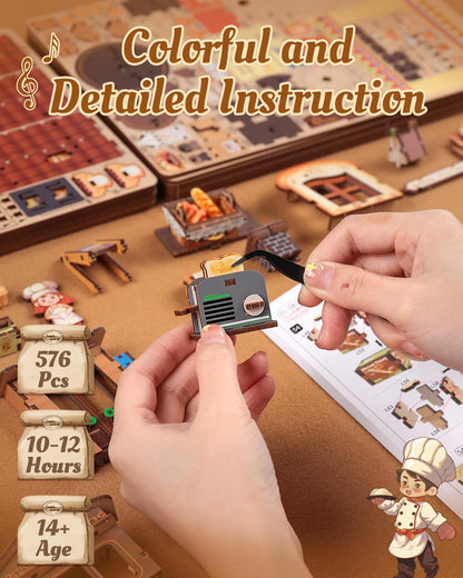 CUTEBEE 3D Wooden Puzzles for Adults - Bread Factory Bakery 576pcs Wooden Mechanical Model DIY Building Kit with Music and Lights, Bookshelf Decor, DIY Craft Gifts for Adults（Bread Factory）